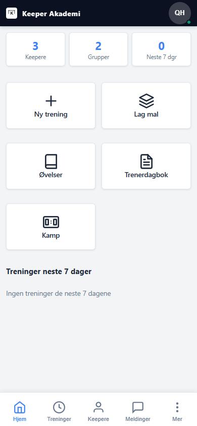 Mobil-dashboard med nøkkeltall og hurtigvalg.