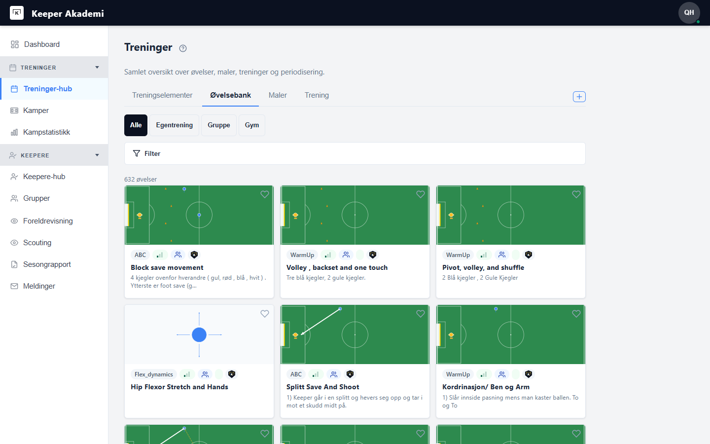 Øvelsesbanken i Keeper Akademi på desktop, med banediagrammer og filtrering.